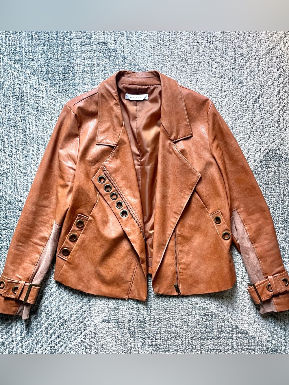 Vintage Cognac Vegan Leather Moto Biker Jacket from Europe with Rivets Y2K Retro